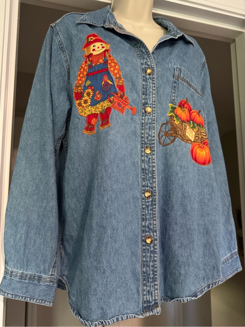 Vintage Faded Glory Large Blue Denim Jacket Scarecrow Pumpkin Patch EUC